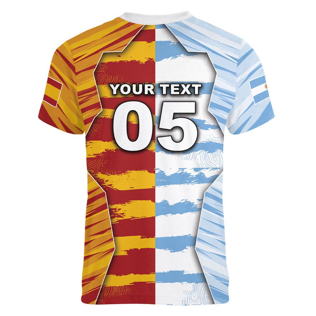 Custom Argentina And Spain Football Women V-Neck T-Shirt Split Flag Golden Trophy Grunge