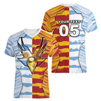 Custom Argentina And Spain Football Women V-Neck T-Shirt Split Flag Golden Trophy Grunge
