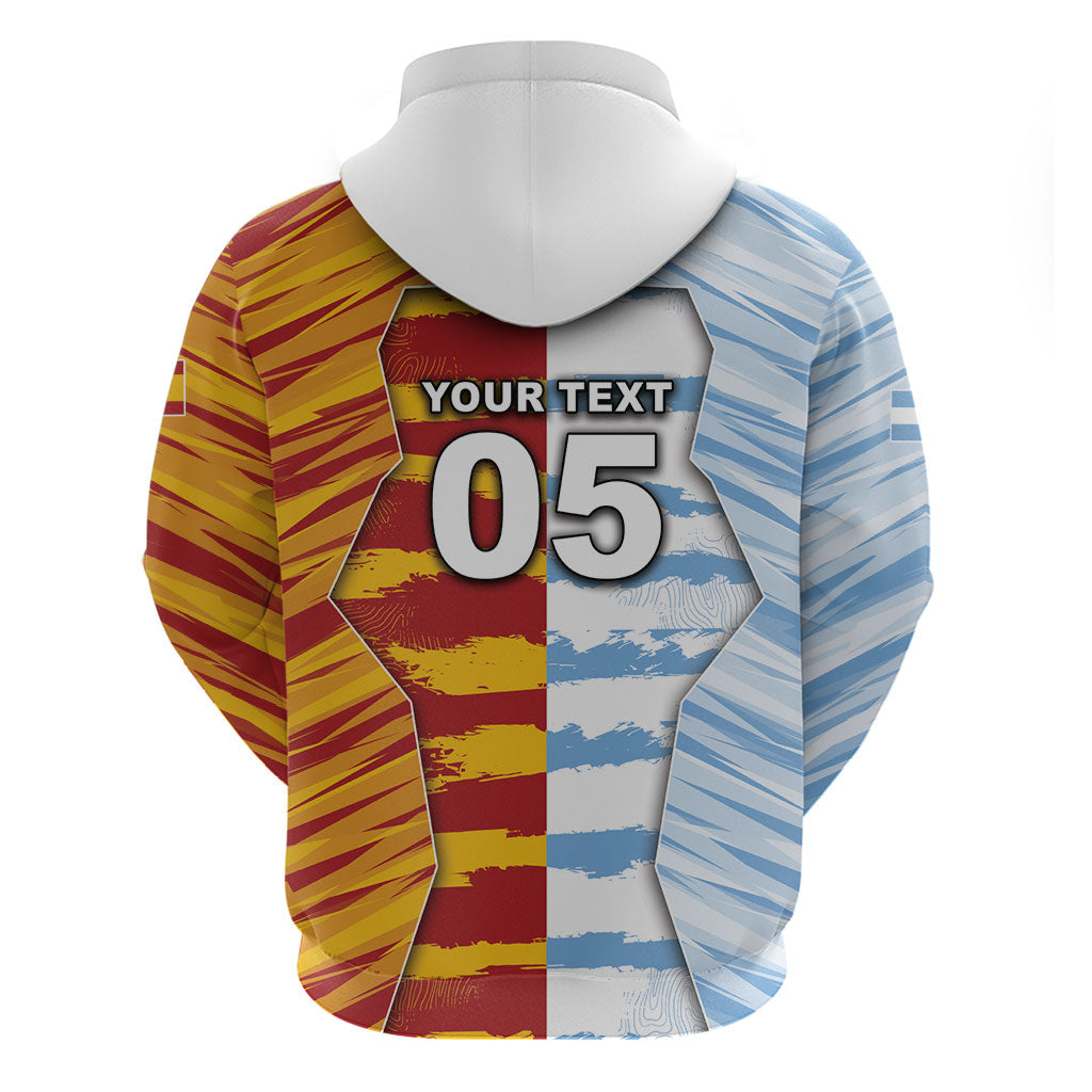 Custom Argentina And Spain Football Zip Hoodie Split Flag Golden Trophy Grunge