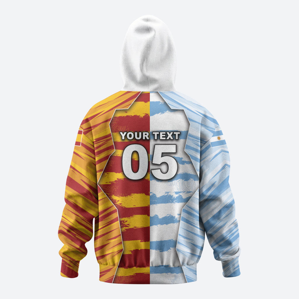 Custom Argentina And Spain Football Zip Hoodie Split Flag Golden Trophy Grunge