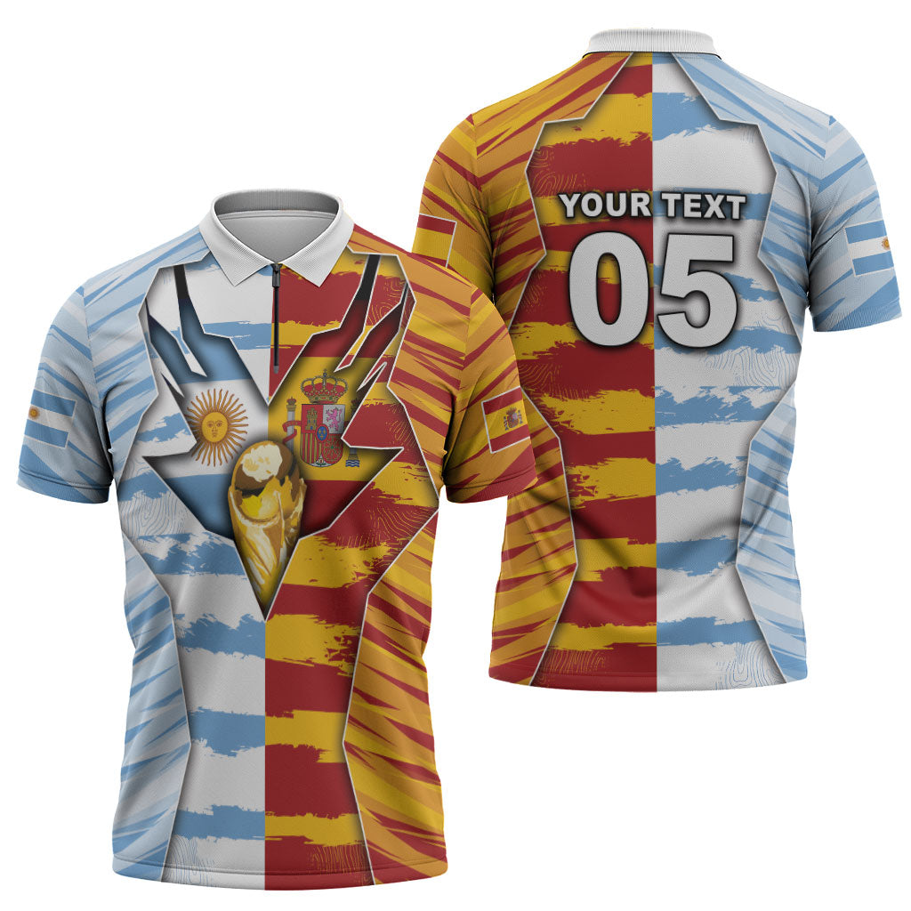 Custom Argentina And Spain Football Zipper Polo Shirt Split Flag Golden Trophy Grunge