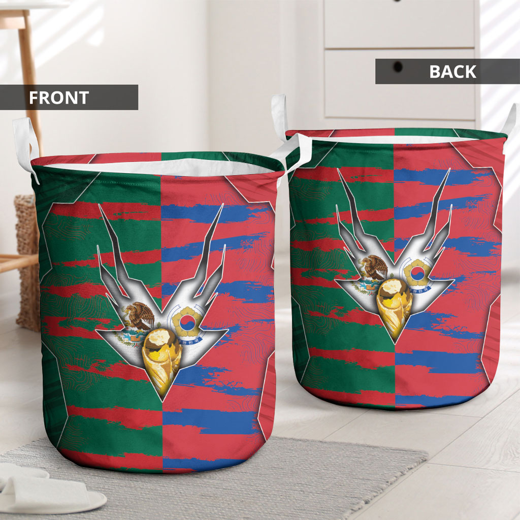Mexico And Korean Football Laundry Basket Split Flag Golden Trophy Grunge