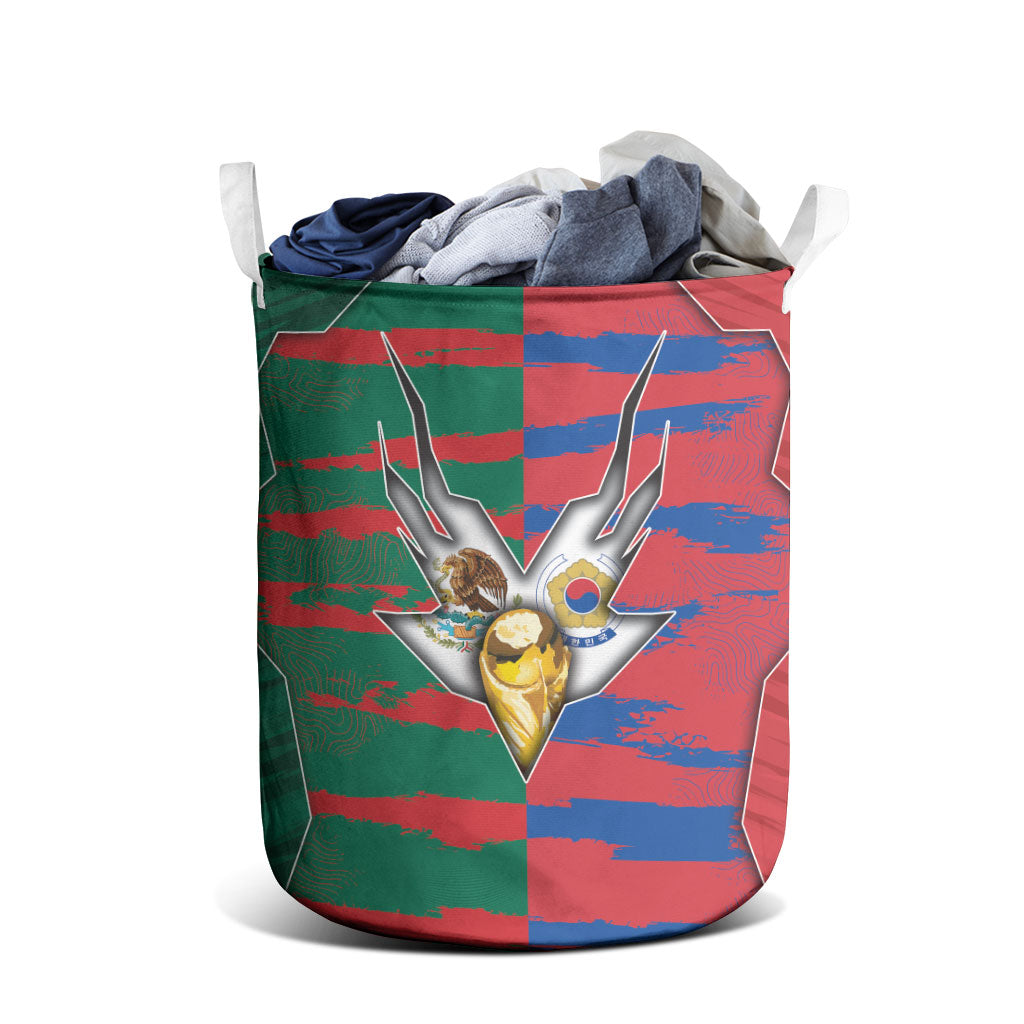 Mexico And Korean Football Laundry Basket Split Flag Golden Trophy Grunge