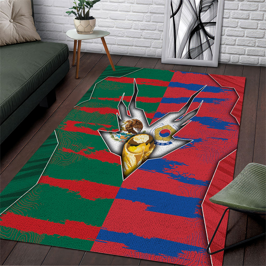 Mexico And Korean Football Area Rug Split Flag Golden Trophy Grunge