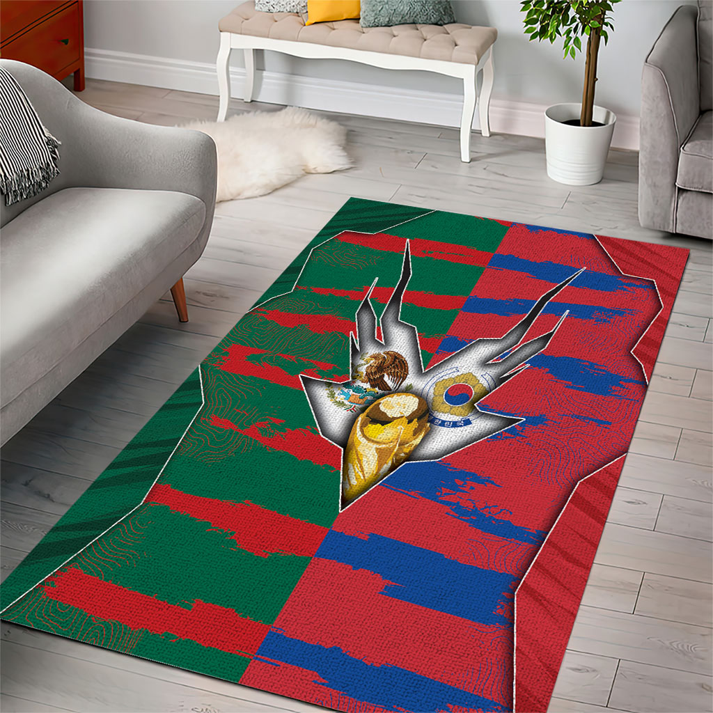 Mexico And Korean Football Area Rug Split Flag Golden Trophy Grunge