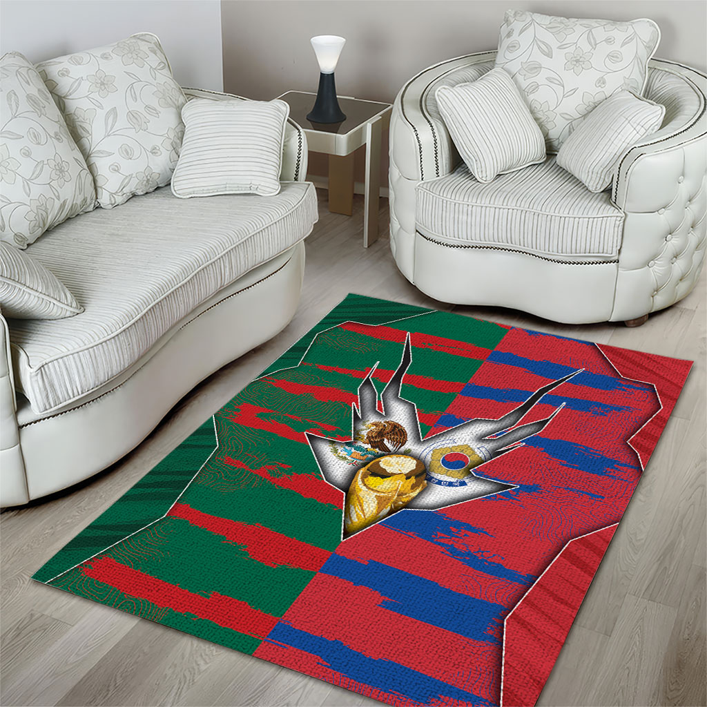 Mexico And Korean Football Area Rug Split Flag Golden Trophy Grunge