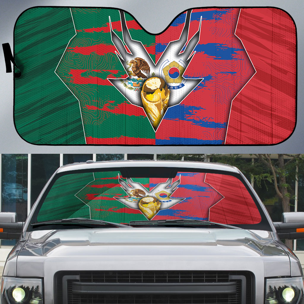 Mexico And Korean Football Auto Sun Shade Split Flag Golden Trophy Grunge