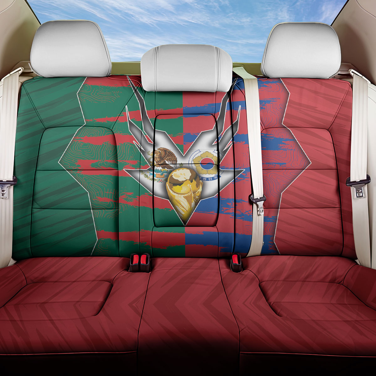 Mexico And Korean Football Back Car Seat Cover Split Flag Golden Trophy Grunge
