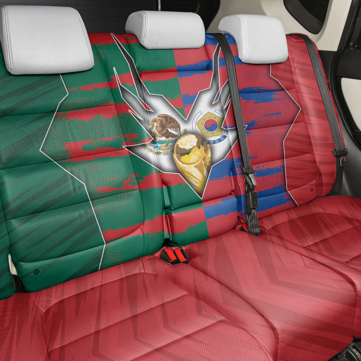 Mexico And Korean Football Back Car Seat Cover Split Flag Golden Trophy Grunge