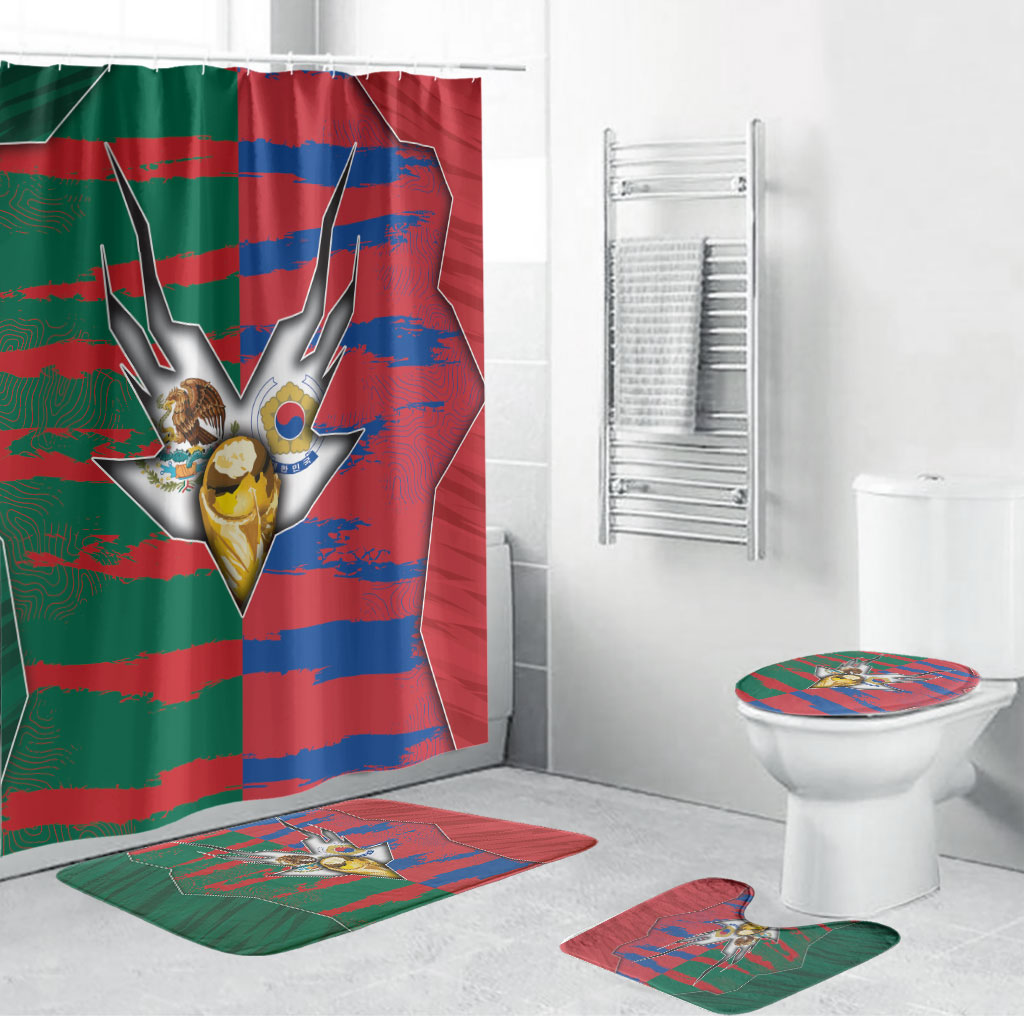 Mexico And Korean Football Bathroom Set Split Flag Golden Trophy Grunge