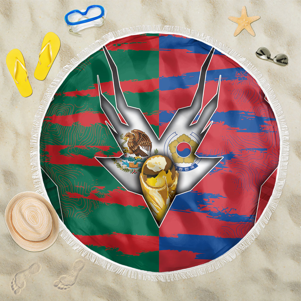 Mexico And Korean Football Beach Blanket Split Flag Golden Trophy Grunge