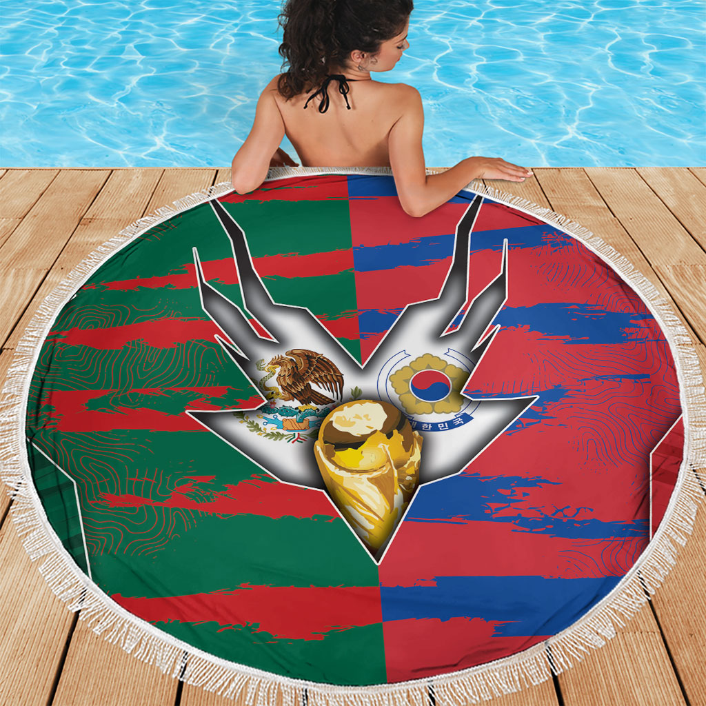 Mexico And Korean Football Beach Blanket Split Flag Golden Trophy Grunge