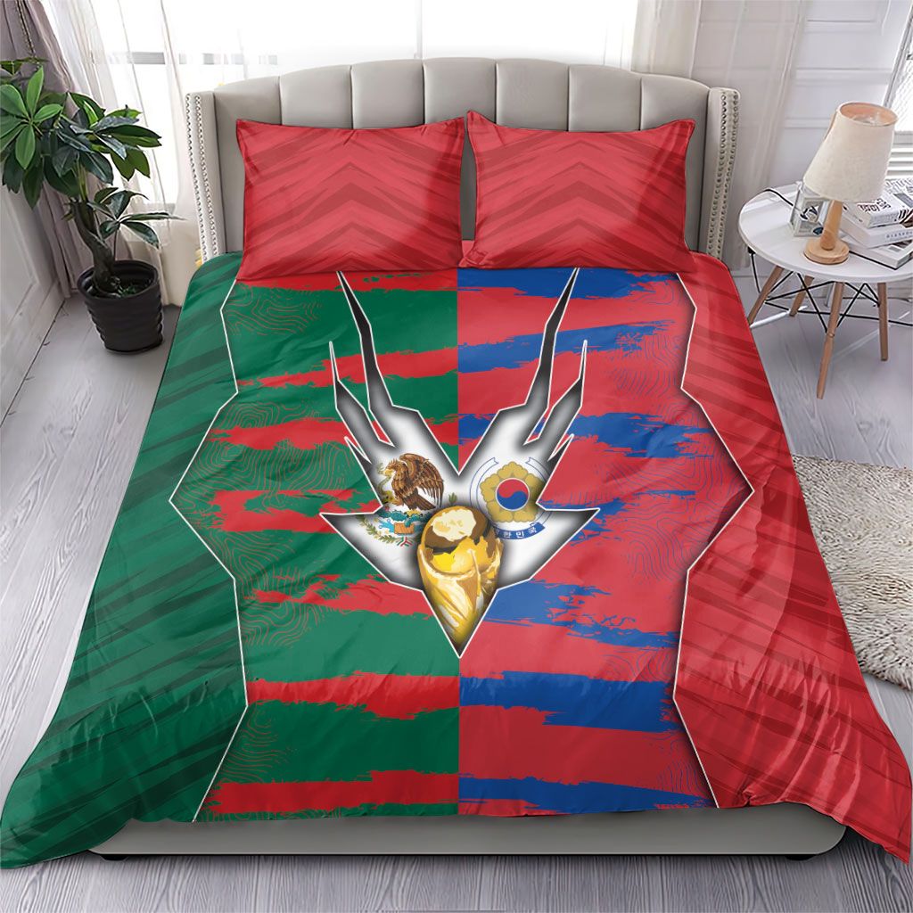 Mexico And Korean Football Bedding Set Split Flag Golden Trophy Grunge