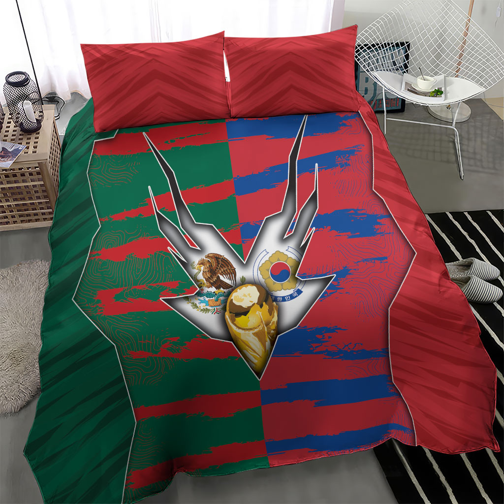 Mexico And Korean Football Bedding Set Split Flag Golden Trophy Grunge