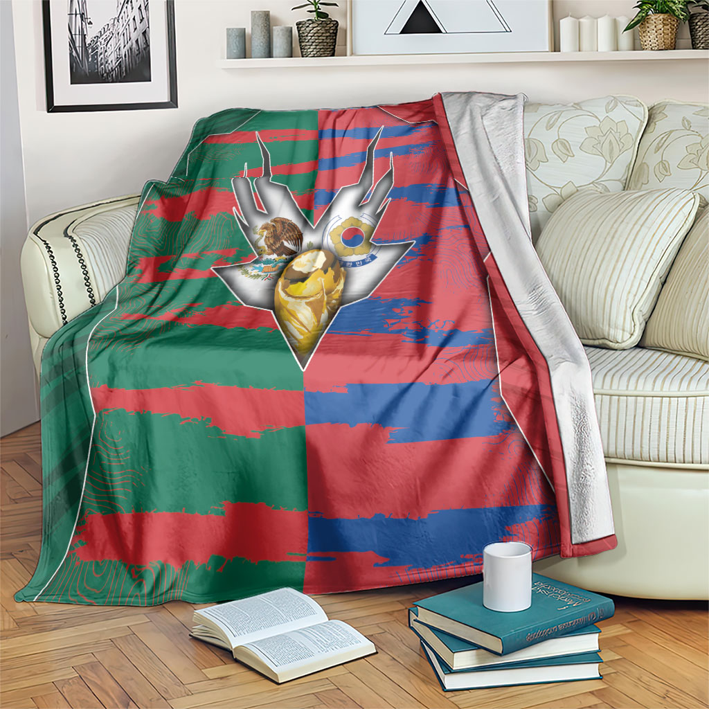 Mexico And Korean Football Blanket Split Flag Golden Trophy Grunge