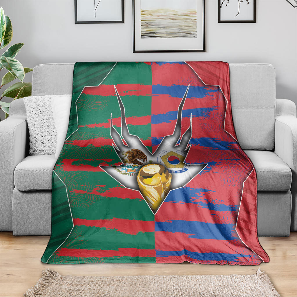 Mexico And Korean Football Blanket Split Flag Golden Trophy Grunge