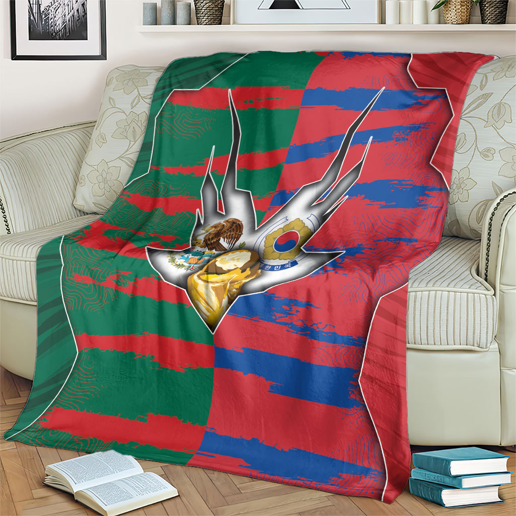 Mexico And Korean Football Blanket Split Flag Golden Trophy Grunge