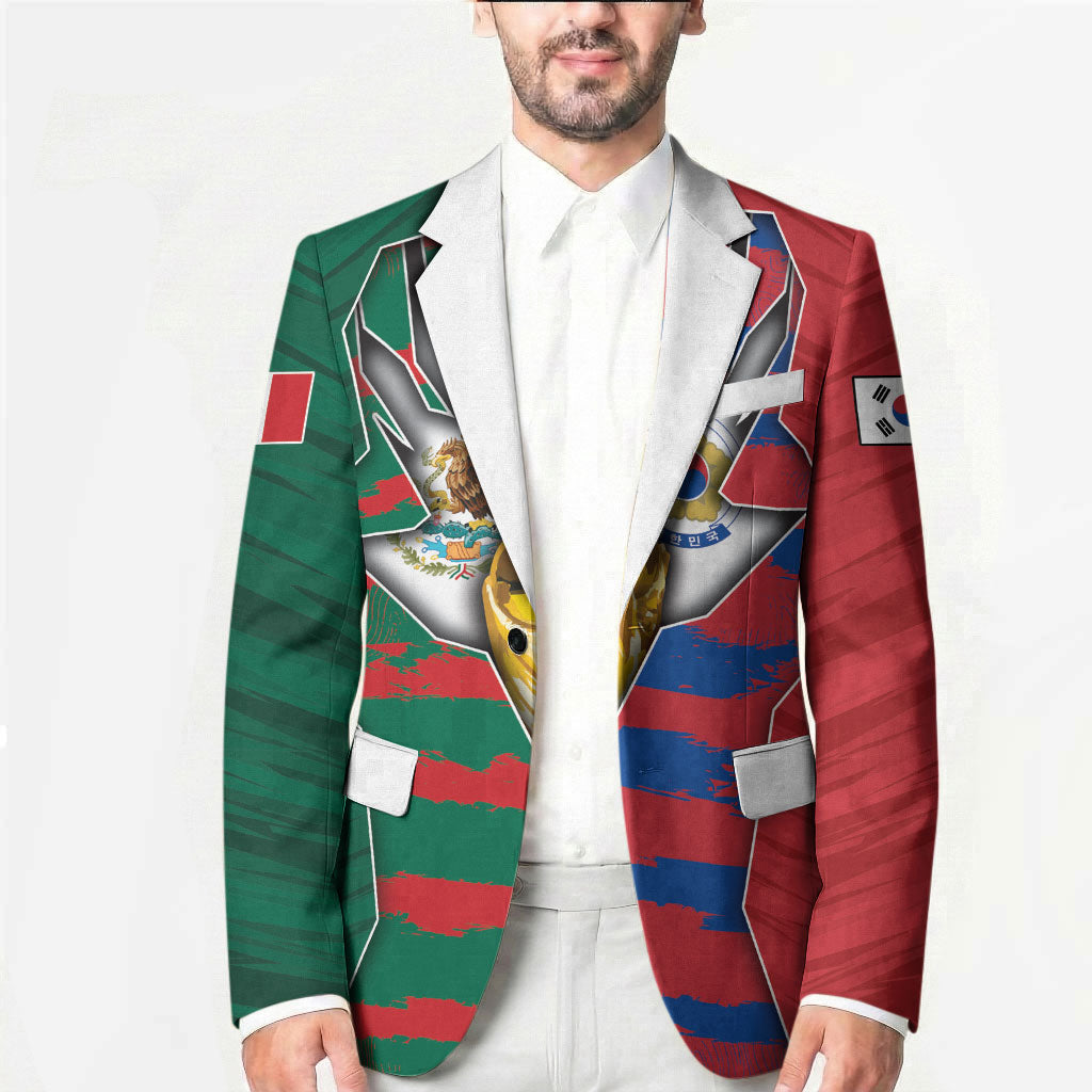 Custom Mexico And Korean Football Blazer Split Flag Golden Trophy Grunge
