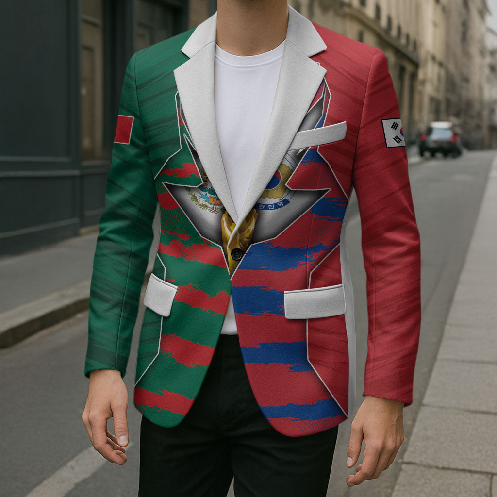 Custom Mexico And Korean Football Blazer Split Flag Golden Trophy Grunge