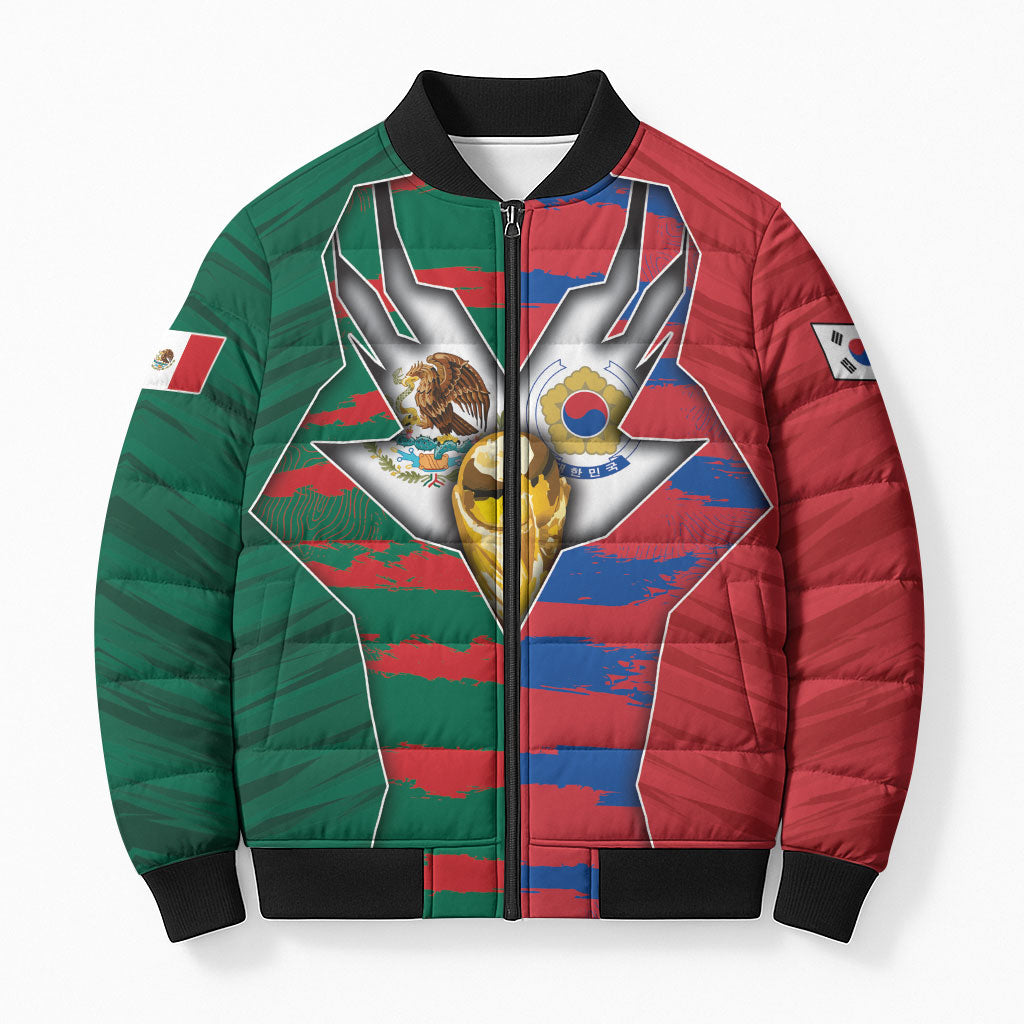 Custom Mexico And Korean Football Bomber Puffer Jacket Split Flag Golden Trophy Grunge
