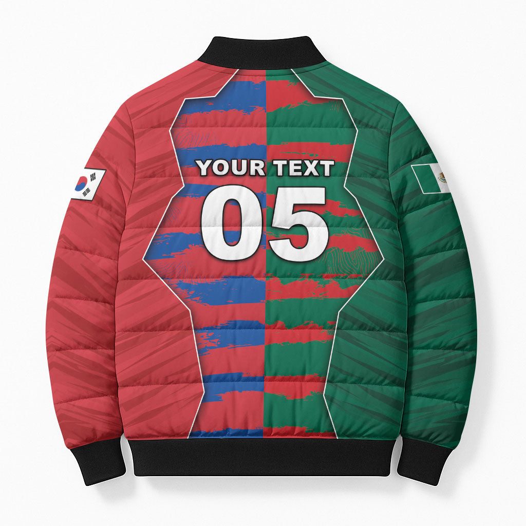 Custom Mexico And Korean Football Bomber Puffer Jacket Split Flag Golden Trophy Grunge