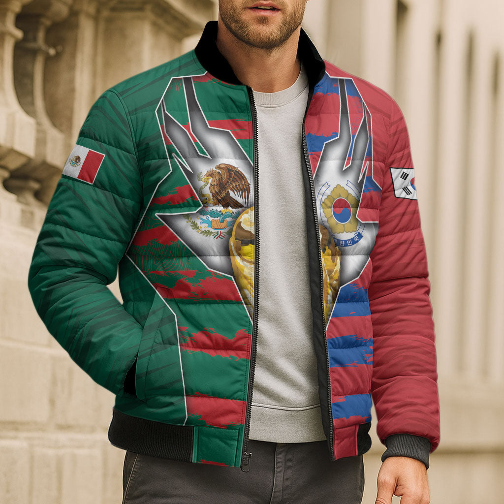 Custom Mexico And Korean Football Bomber Puffer Jacket Split Flag Golden Trophy Grunge