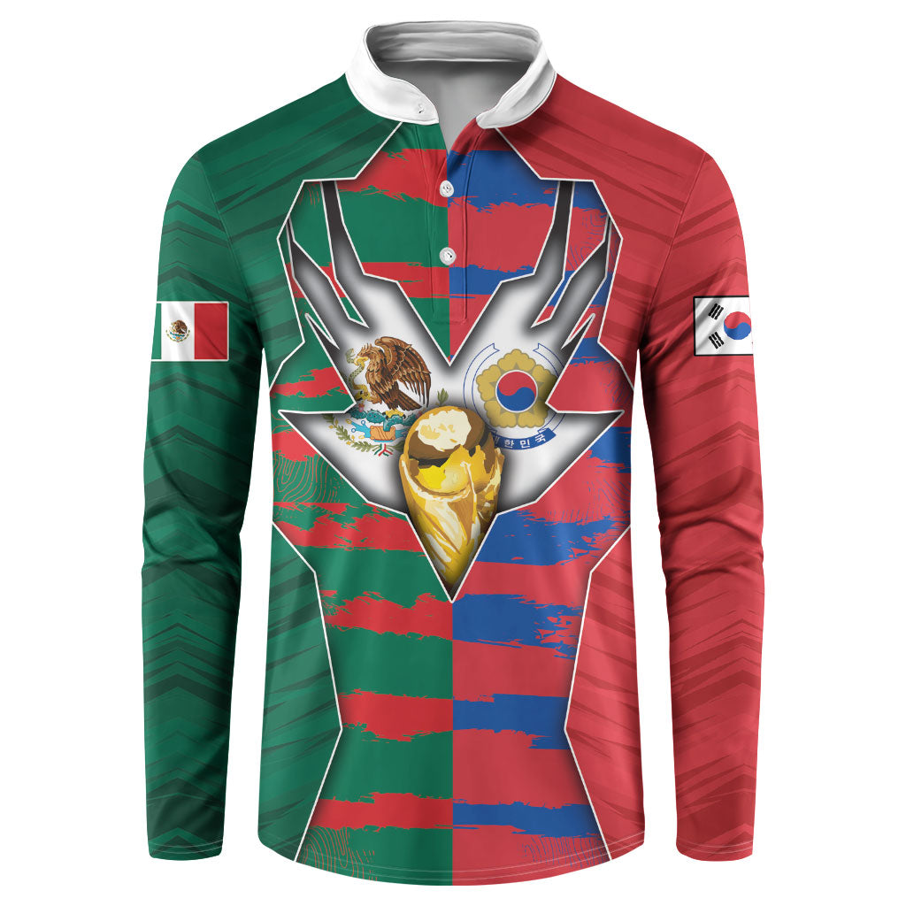 Custom Mexico And Korean Football Button Sweatshirt Split Flag Golden Trophy Grunge