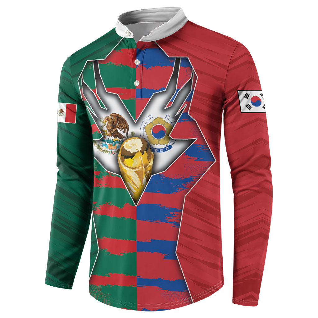 Custom Mexico And Korean Football Button Sweatshirt Split Flag Golden Trophy Grunge