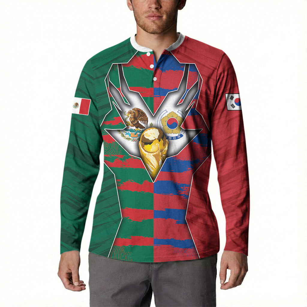 Custom Mexico And Korean Football Button Sweatshirt Split Flag Golden Trophy Grunge