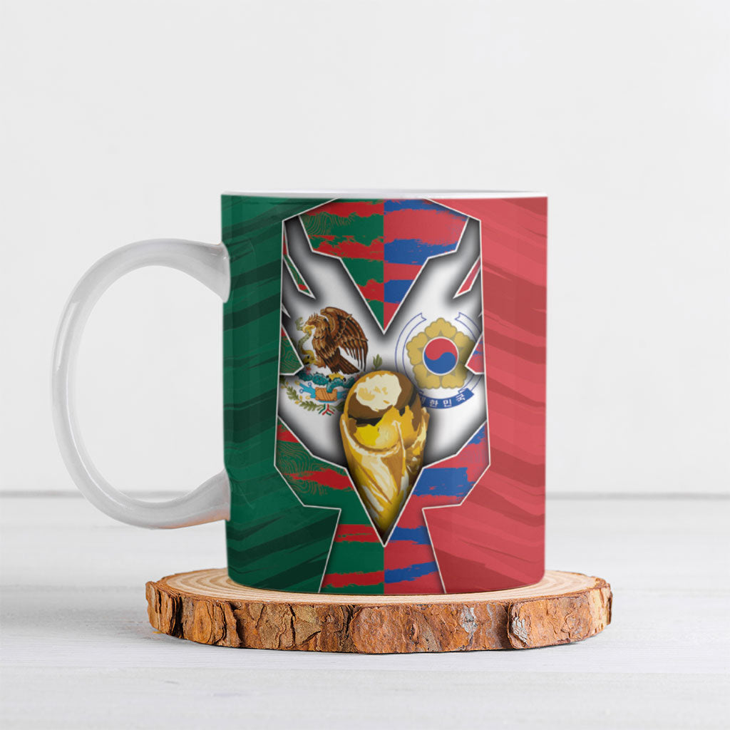 Custom Mexico And Korean Football Ceramic Mug Split Flag Golden Trophy Grunge