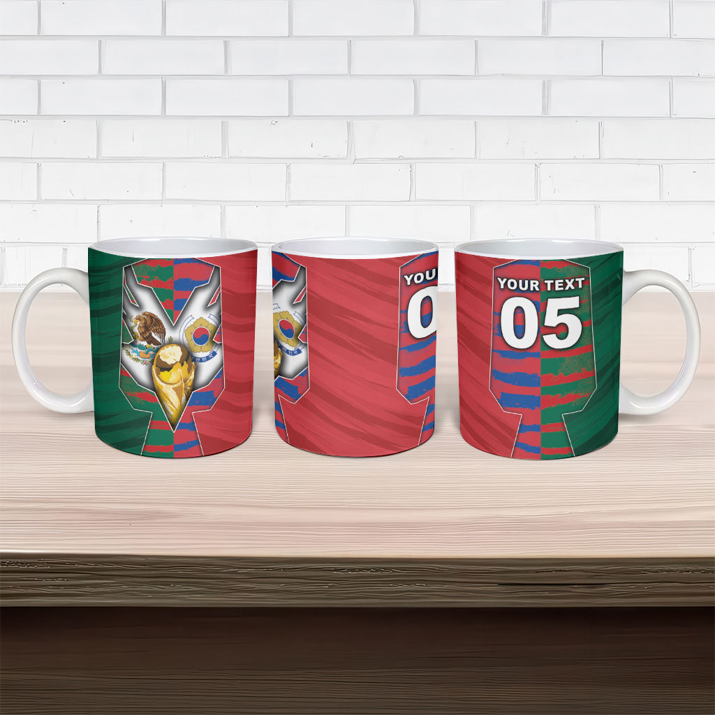 Custom Mexico And Korean Football Ceramic Mug Split Flag Golden Trophy Grunge