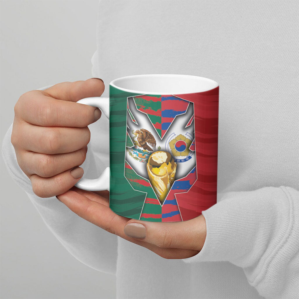 Custom Mexico And Korean Football Ceramic Mug Split Flag Golden Trophy Grunge
