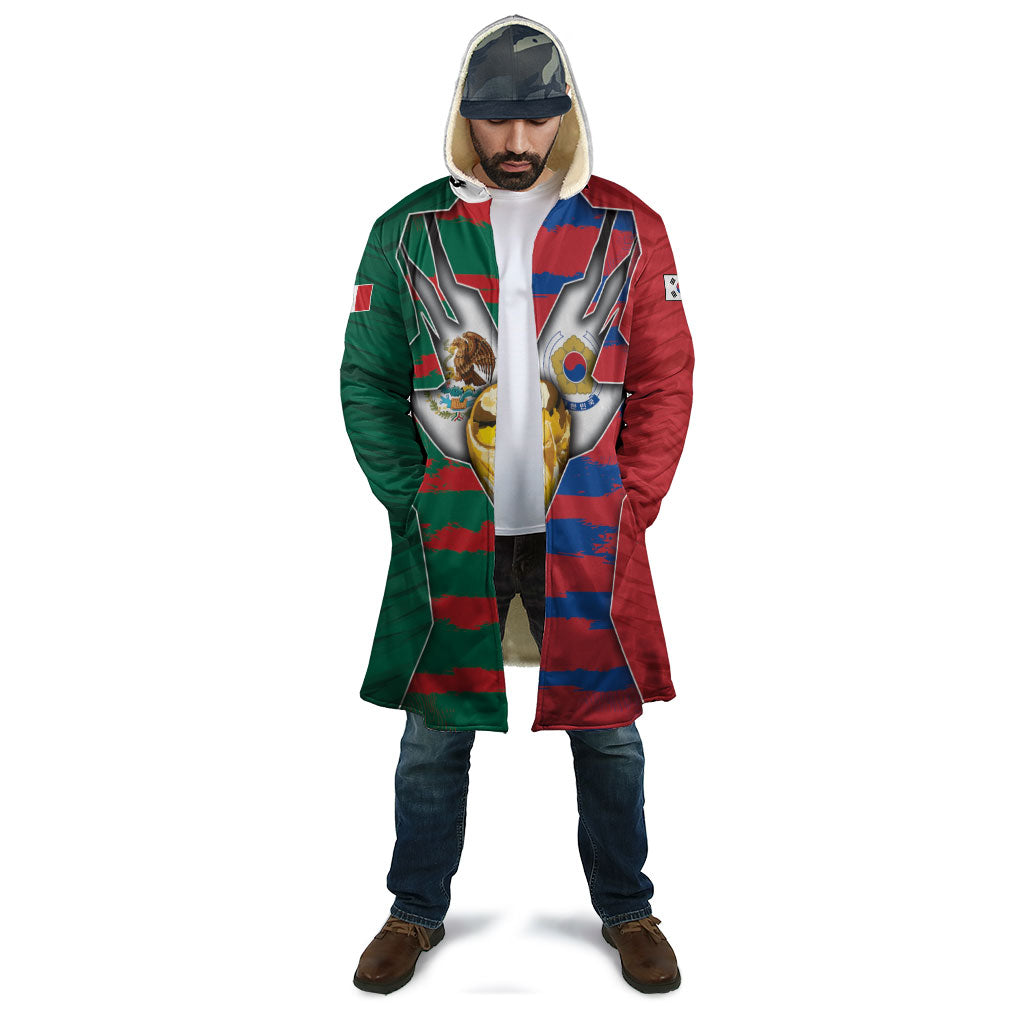 Custom Mexico And Korean Football Cloak Split Flag Golden Trophy Grunge