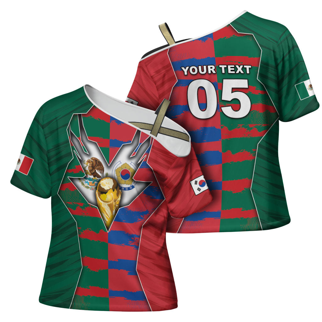 Custom Mexico And Korean Football Cross Shoulder Shirt Split Flag Golden Trophy Grunge