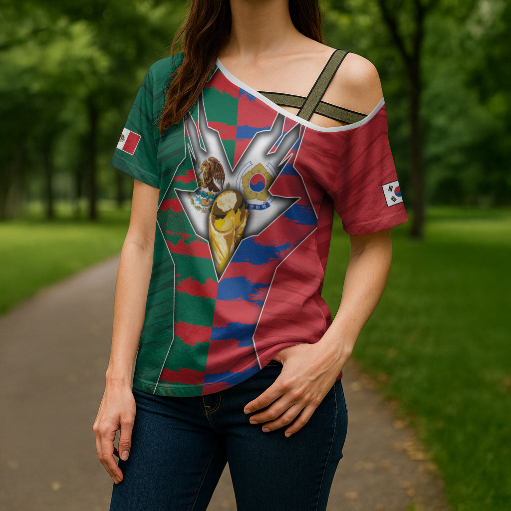 Custom Mexico And Korean Football Cross Shoulder Shirt Split Flag Golden Trophy Grunge
