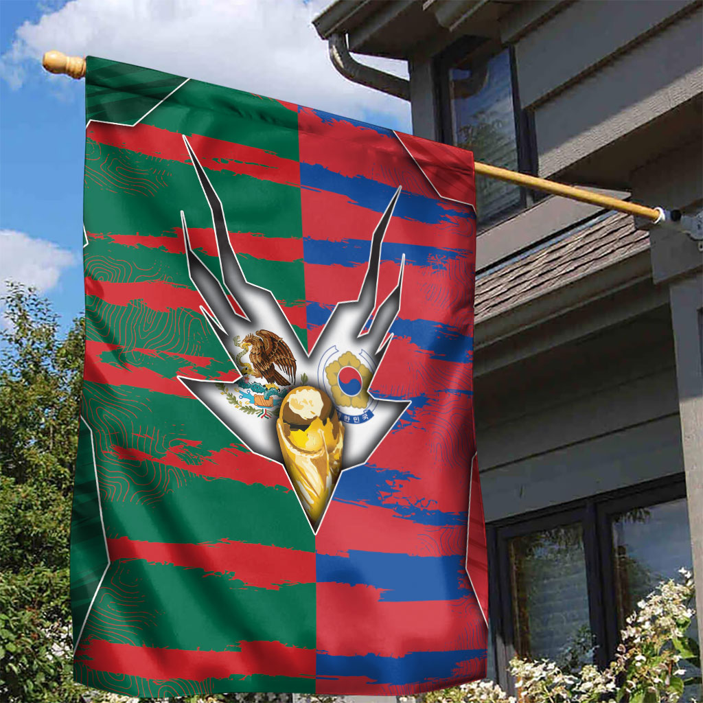 Mexico And Korean Football Garden Flag Split Flag Golden Trophy Grunge