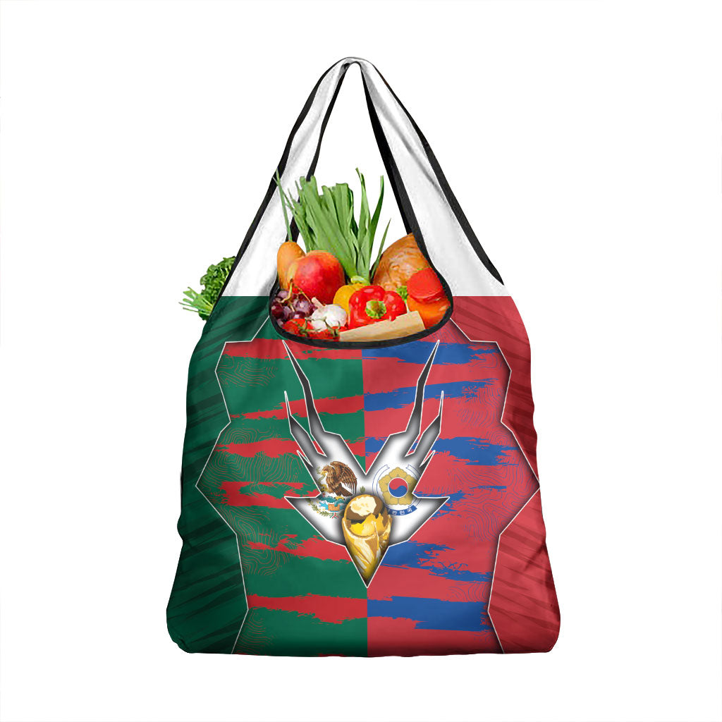 Mexico And Korean Football Grocery Bag Split Flag Golden Trophy Grunge
