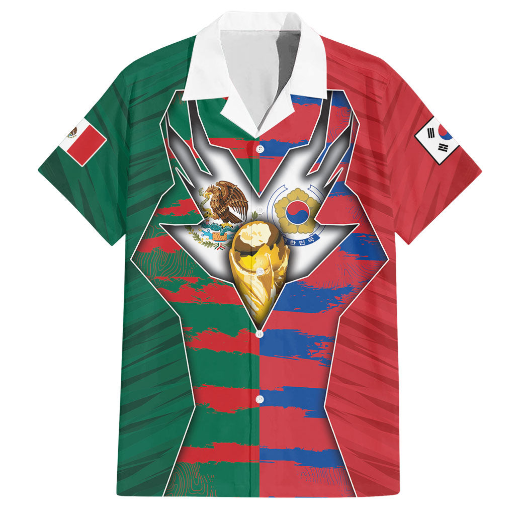 Custom Mexico And Korean Football Hawaiian Shirt Split Flag Golden Trophy Grunge