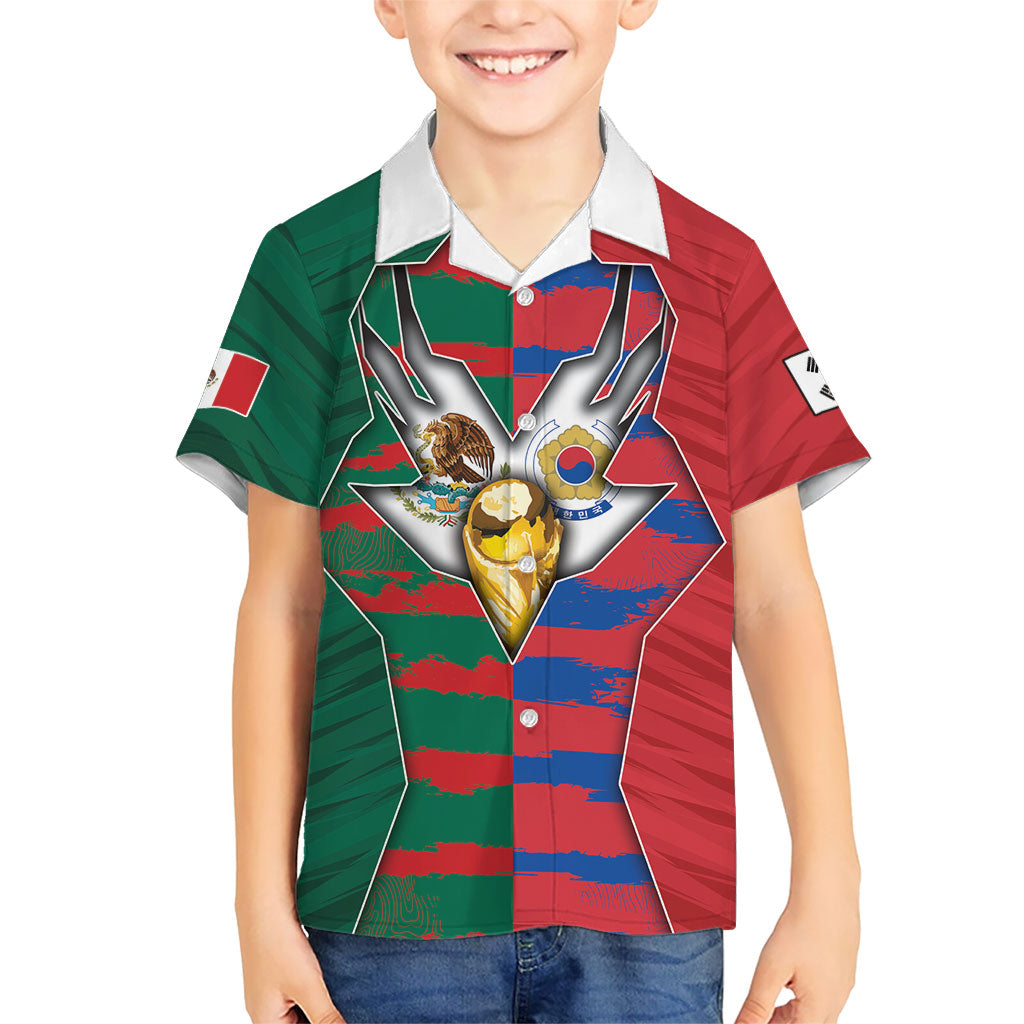 Custom Mexico And Korean Football Hawaiian Shirt Split Flag Golden Trophy Grunge