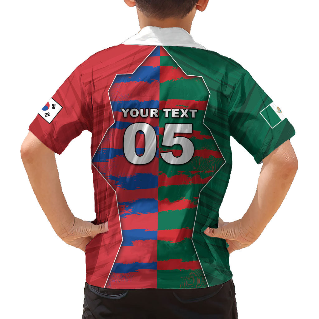 Custom Mexico And Korean Football Hawaiian Shirt Split Flag Golden Trophy Grunge