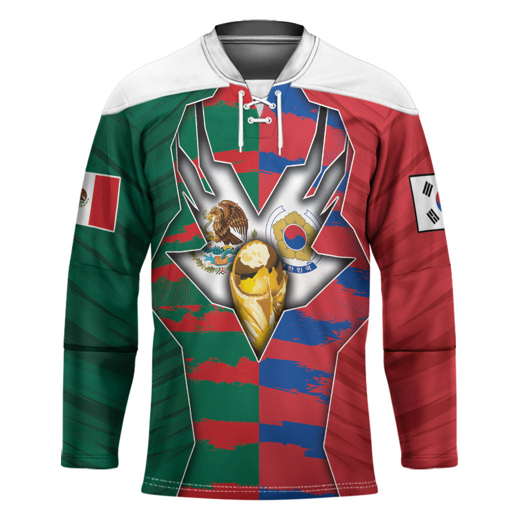 Custom Mexico And Korean Football Hockey Jersey Split Flag Golden Trophy Grunge