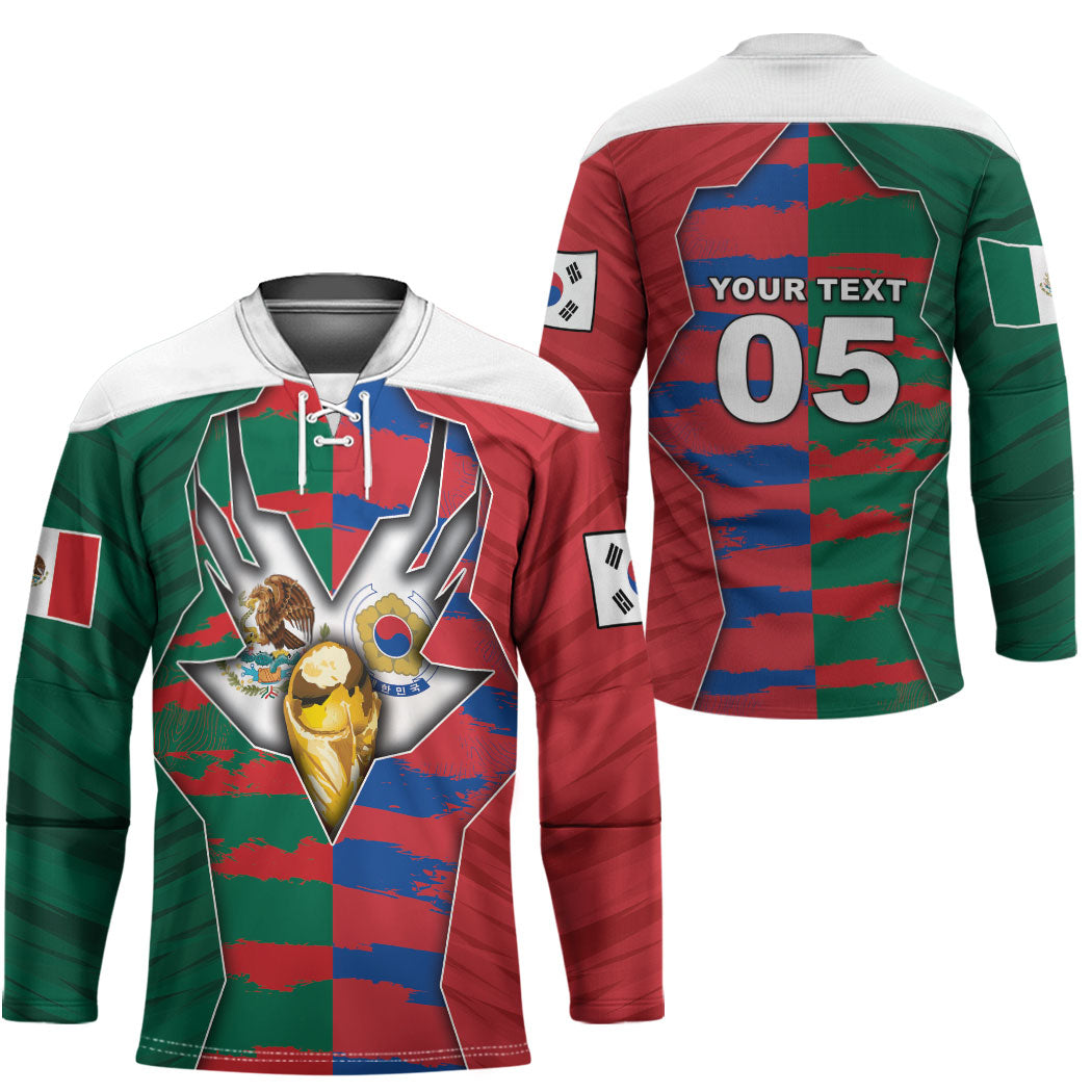 Custom Mexico And Korean Football Hockey Jersey Split Flag Golden Trophy Grunge
