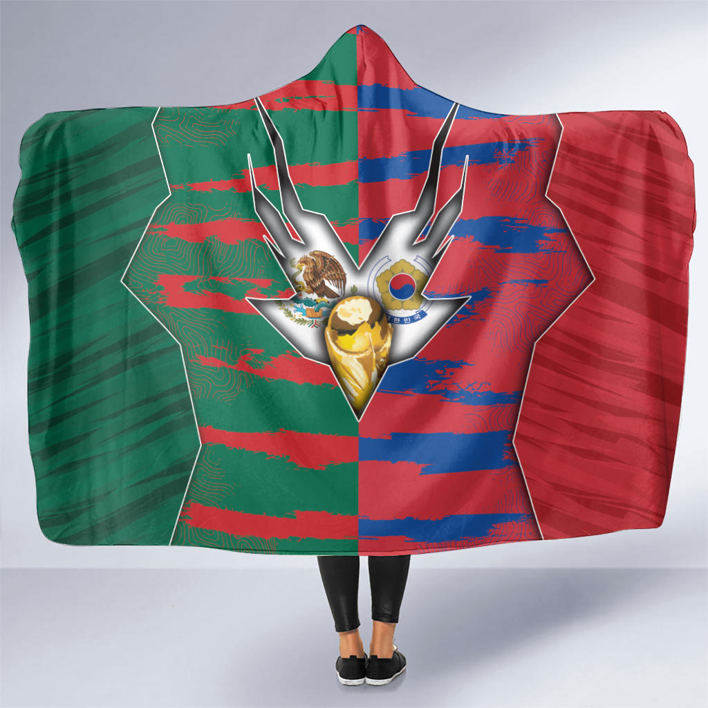 Mexico And Korean Football Hooded Blanket Split Flag Golden Trophy Grunge
