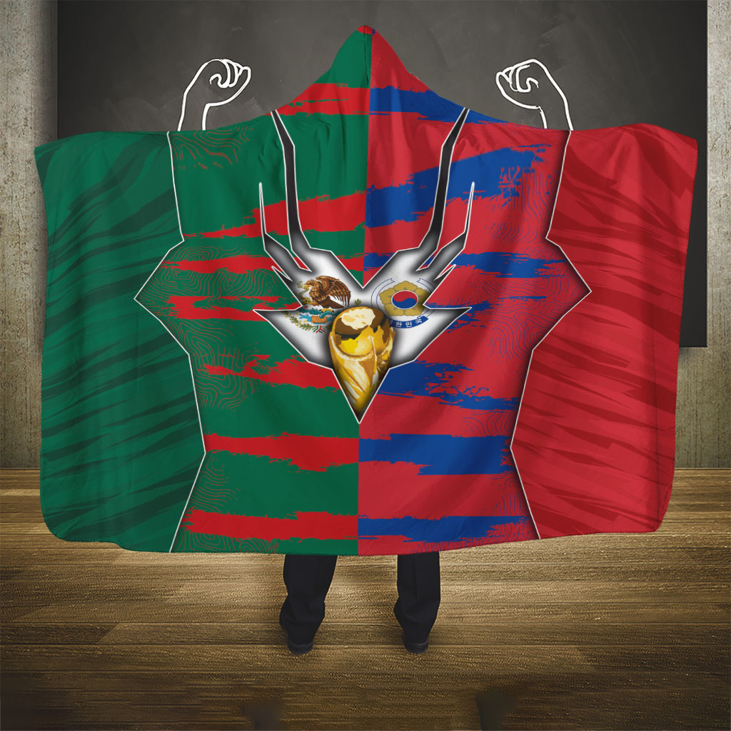 Mexico And Korean Football Hooded Blanket Split Flag Golden Trophy Grunge