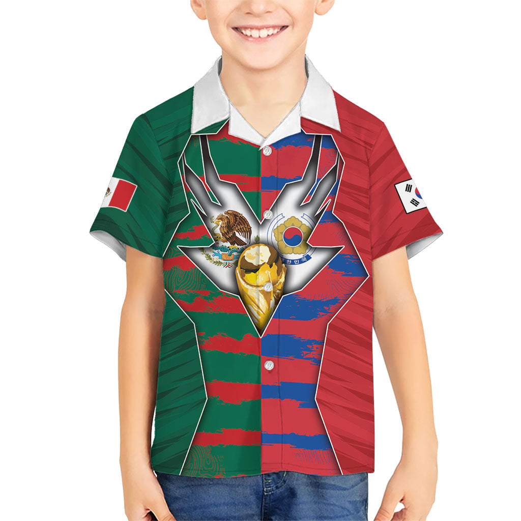 Custom Mexico And Korean Football Kid Hawaiian Shirt Split Flag Golden Trophy Grunge