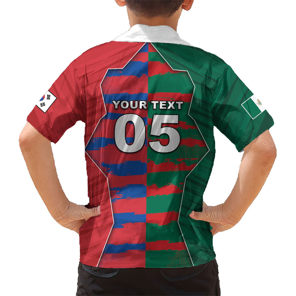 Custom Mexico And Korean Football Kid Hawaiian Shirt Split Flag Golden Trophy Grunge
