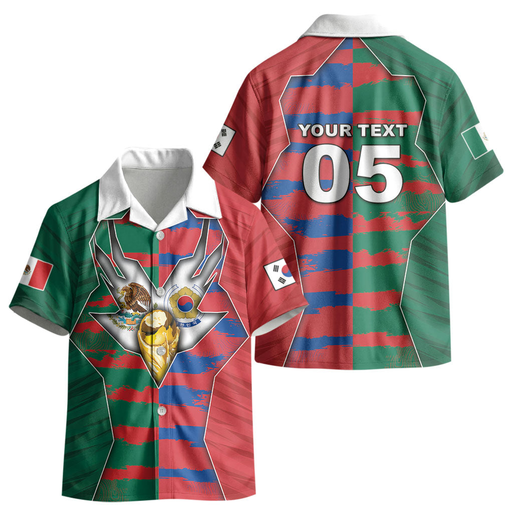 Custom Mexico And Korean Football Kid Hawaiian Shirt Split Flag Golden Trophy Grunge DT05