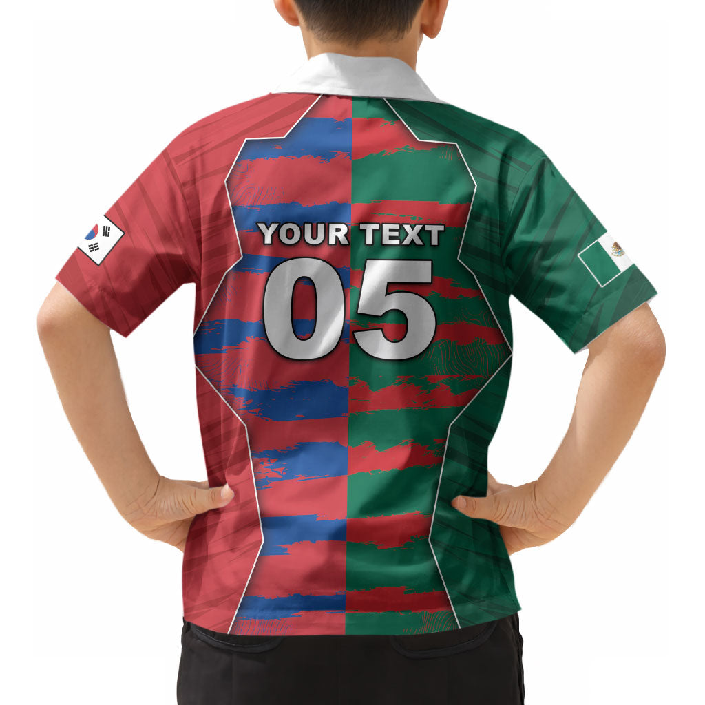 Custom Mexico And Korean Football Kid Hawaiian Shirt Split Flag Golden Trophy Grunge DT05