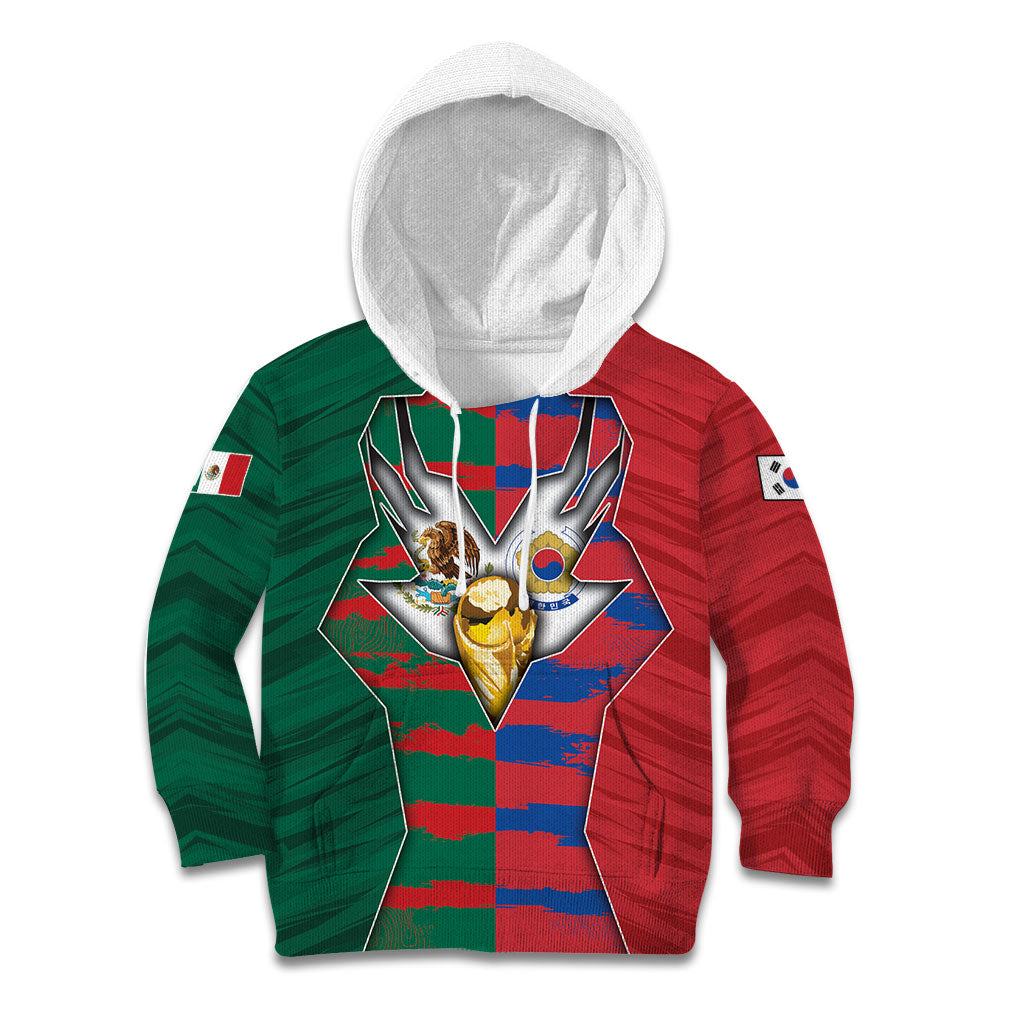 Custom Mexico And Korean Football Kid Hoodie Split Flag Golden Trophy Grunge