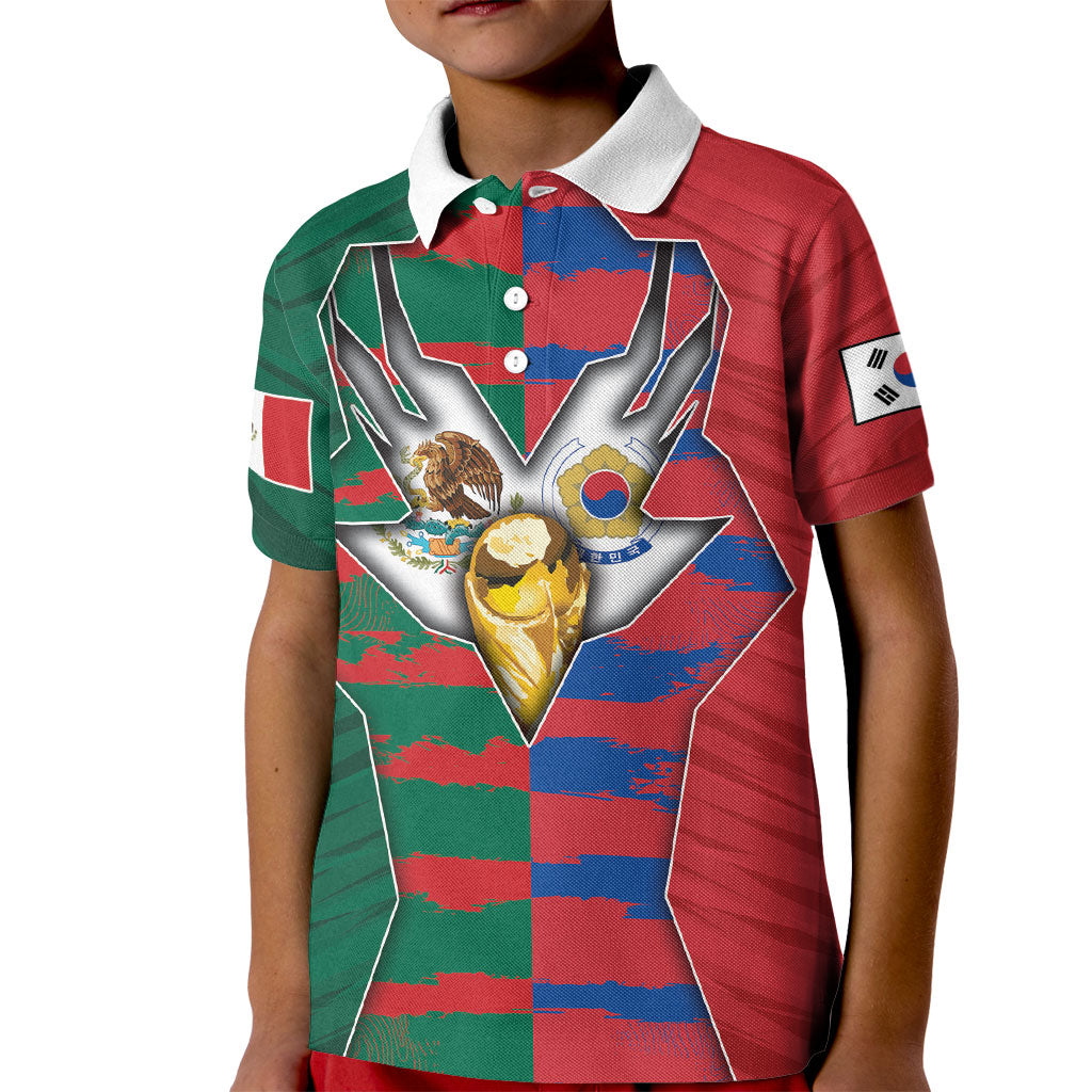 Custom Mexico And Korean Football Kid Polo Shirt Split Flag Golden Trophy Grunge